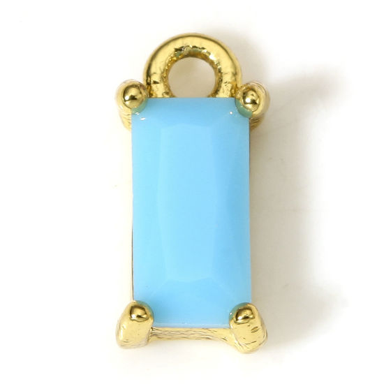 Image de 2 Pcs Breloques en Laiton & Verre Rectangle Plaqué Or Véritable 18K Bleu 10mm x 5mm