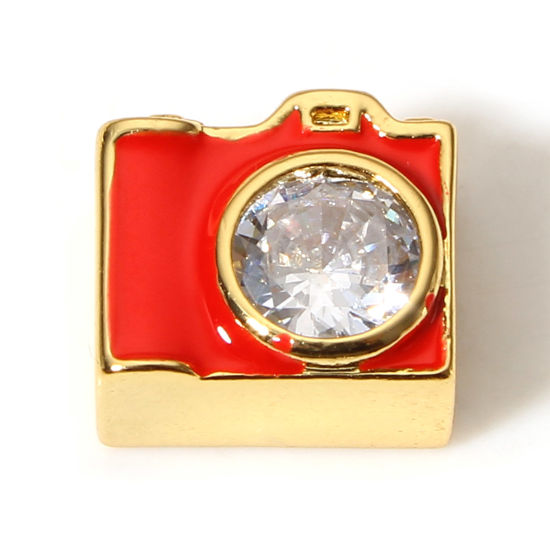 Picture of 1 Piece Brass Beads For DIY Charm Jewelry Making 18K Real Gold Plated Red Camera Enamel Clear Rhinestone About 10mm x 9mm, Hole: Approx 1.8mm