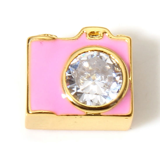 Picture of 1 Piece Brass Beads For DIY Charm Jewelry Making 18K Real Gold Plated Pink Camera Enamel Clear Rhinestone About 10mm x 9mm, Hole: Approx 1.8mm