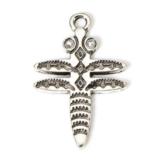 Picture of 10 PCs Zinc Based Alloy Boho Chic Bohemia Charms Antique Silver Color Dragonfly Animal 28mm x 19mm