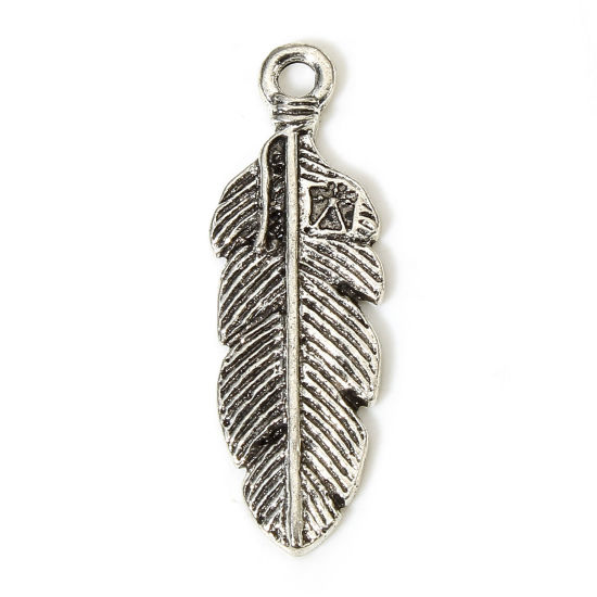 Picture of 10 PCs Zinc Based Alloy Boho Chic Bohemia Pendants Antique Silver Color Feather 3.1cm x 1cm