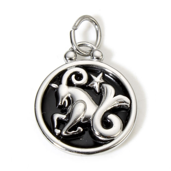 Immagine di 1 Pz 304 Acciaio Inossidabile Charms Tondo Tono Argento Nero Costellazione Capricorno Smalto 26mm x 17mm