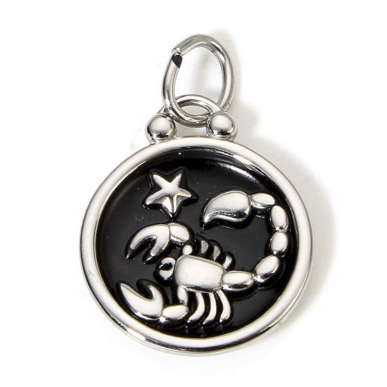 Immagine di 1 Pz 304 Acciaio Inossidabile Charms Tondo Tono Argento Nero Costellazione Scorpione Smalto 26mm x 17mm