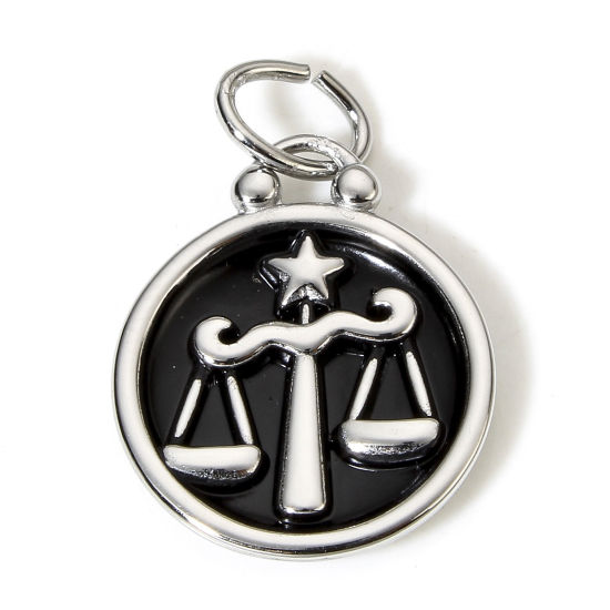 Immagine di 1 Pz 304 Acciaio Inossidabile Charms Tondo Tono Argento Nero Costellazione Libra Smalto 26mm x 17mm