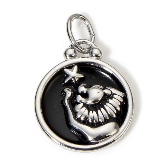 Immagine di 1 Pz 304 Acciaio Inossidabile Ciondoli Tono Argento Nero Tondo Disco Costellazione Leone Smalto 26mm x 17mm