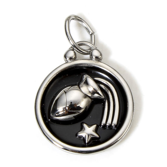 Immagine di 1 Pz 304 Acciaio Inossidabile Ciondoli Tono Argento Nero Tondo Disco Costellazione Acquario Smalto 26mm x 17mm