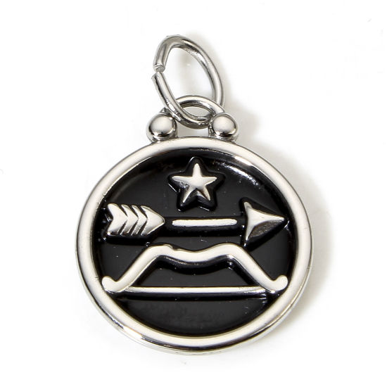 Immagine di 1 Pz 304 Acciaio Inossidabile Ciondoli Tono Argento Nero Tondo Disco Costellazione Sagittario Smalto 26mm x 17mm
