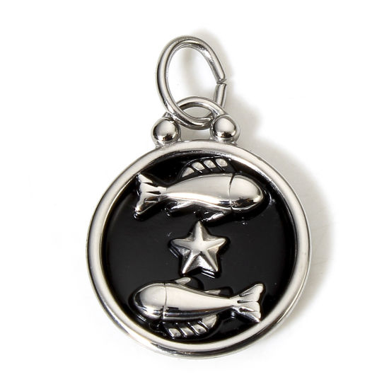 Immagine di 1 Pz 304 Acciaio Inossidabile Ciondoli Tono Argento Nero Tondo Disco Costellazione Pesci Smalto 26mm x 17mm