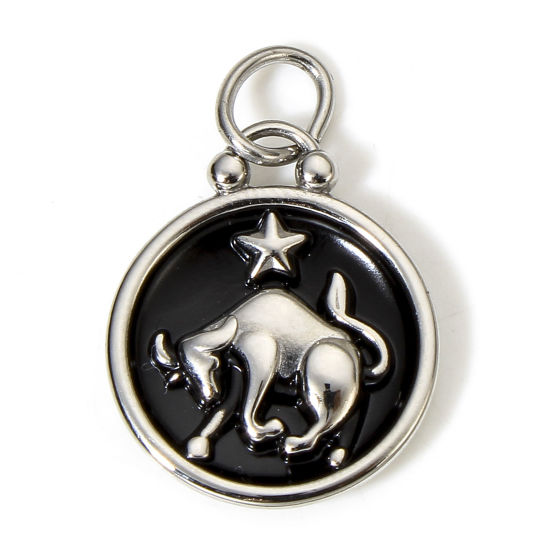 Immagine di 1 Pz 304 Acciaio Inossidabile Charms Tondo Tono Argento Nero Costellazione Toro Smalto 26mm x 17mm