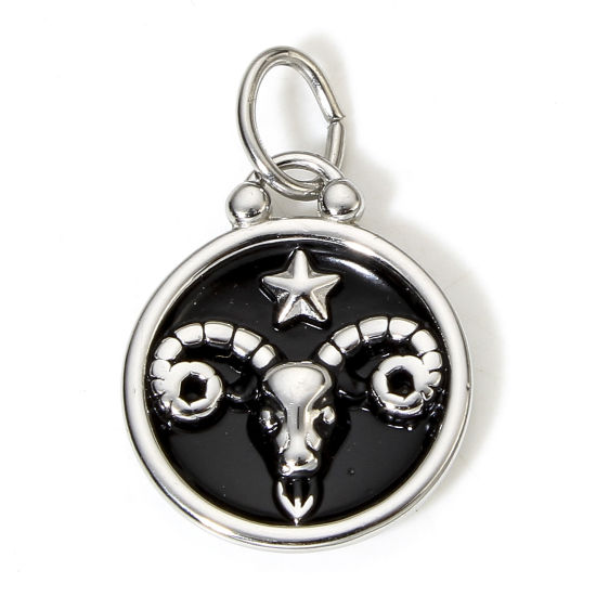 Immagine di 1 Pz 304 Acciaio Inossidabile Ciondoli Tono Argento Nero Tondo Disco Costellazione Ariete Smalto 26mm x 17mm
