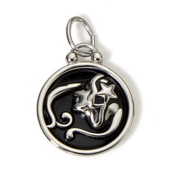Immagine di 1 Pz 304 Acciaio Inossidabile Ciondoli Tono Argento Nero Tondo Disco Costellazione Vergine Smalto 26mm x 17mm