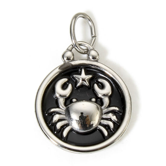 Immagine di 1 Pz 304 Acciaio Inossidabile Ciondoli Tono Argento Nero Tondo Disco Costellazione Cancro Smalto 26mm x 17mm