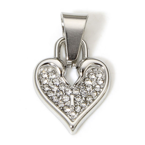 Image de 1 Pièce Pendentif Breloque en 304 Acier Inoxydable Cœur Argent Mat à Strass Transparent 27mm x 14mm