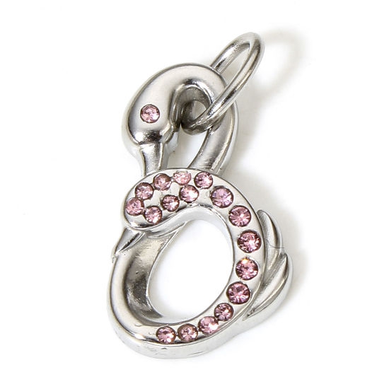 Image de 1 Pièce Breloques en 304 Acier Inoxydable Canard Mandarin Argent Mat à Strass Rose 24mm x 12mm