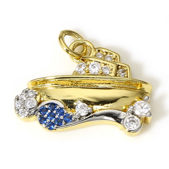 Picture of 1 Piece Brass Transport Charms 18K Real Gold Plated & Real Platinum Plate Two Tone Boat Micro Pave Clear & Blue Cubic Zirconia 16mm x 15mm