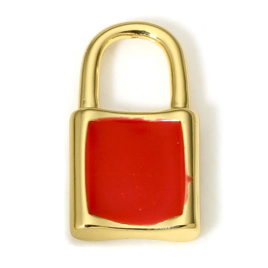 Image de 1 Pièce Breloques en Laiton Serrure Plaqué Or Véritable 18K Rouge Émail 20mm x 11mm