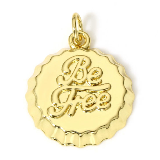 Picture of 1 Piece Brass Bottle Cap Jewelry Charms 18K Real Gold Plated Bottle Cap Message " Be Free " 23mm x 17mm