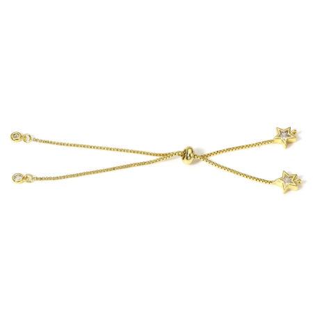 Picture of 1 Piece Brass & Cubic Zirconia Semi-finished Adjustable Slider/ Slide Bolo Bracelets For DIY Handmade Jewelry Making Box Chain Pentagram Star 18K Real Gold Plated Transparent Clear 11cm(4 3/8") long