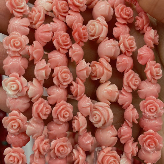 Picture of 10 PCs Coral ( Synthetic ) Beads For DIY Charm Jewelry Making Rose Flower Reddish Orange About 12mm Dia.