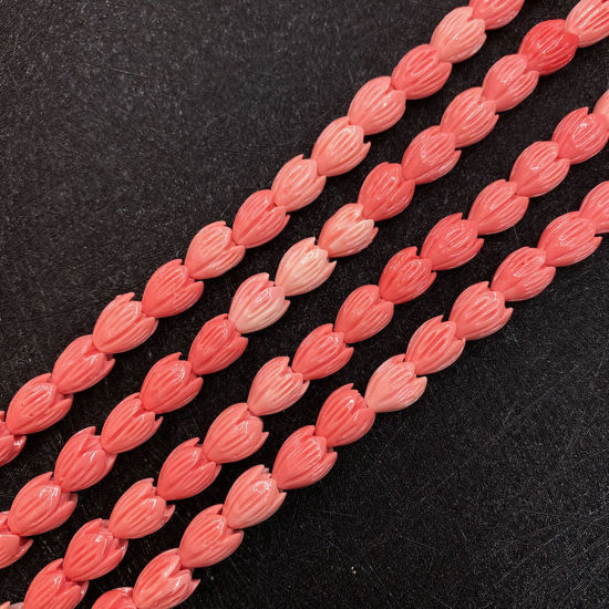 Picture of 10 PCs Coral ( Synthetic ) Beads For DIY Charm Jewelry Making Tulip Flower Reddish Orange About 8mm x 11mm
