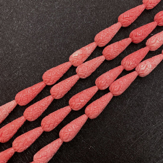 Picture of 10 PCs Coral ( Synthetic ) Beads For DIY Charm Jewelry Making Drop Reddish Orange About 9mm x 20mm