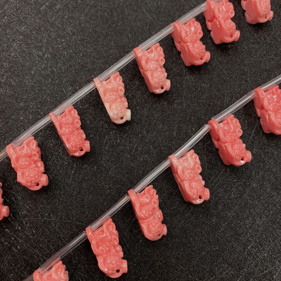 Picture of 10 PCs Coral ( Synthetic ) Beads For DIY Charm Jewelry Making Chinese Beast Pi Xiu Reddish Orange About 10mm x 19mm