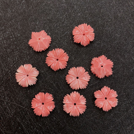 Picture of 10 PCs Coral ( Synthetic ) Beads For DIY Charm Jewelry Making Flower Reddish Orange About 12mm Dia.