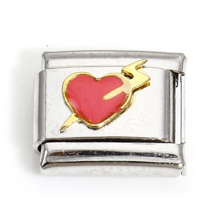 Bild von 1 Stück 304 Edelstahl Charm-Armband mit italienischen Gliedern zur Herstellung von DIY-Schmuck Silberfarbe Hellrosa Rechteck Amors Pfeil 10mm x 9mm