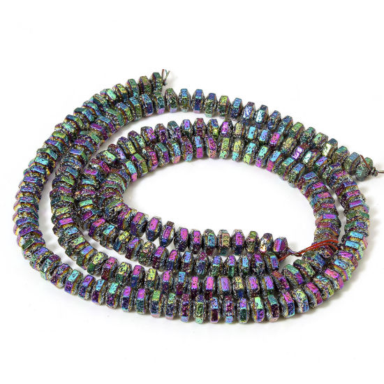 Picture of 1 Strand (Approx 92 PCs/Strand) Hematite ( Natural ) Beads For DIY Jewelry Making Hexagon Rainbow Color Plated Metallic About 8mm x 7mm, Hole: Approx 0.8mm, 40cm(15 6/8") long