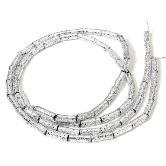 Picture of 1 Strand (Approx 30 PCs/Strand) Hematite ( Natural ) Beads For DIY Jewelry Making Cylinder Silver Plated Metallic About 13mm x 4mm, Hole: Approx 0.8mm, 40cm(15 6/8") long