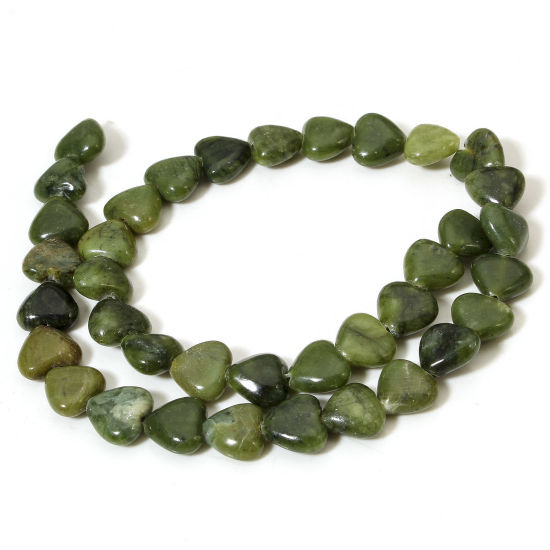 Picture of 1 Strand (Approx 36 PCs/Strand) (Grade A) Stone ( Natural ) Loose Beads For DIY Jewelry Making Heart Green About 11mm x 10mm, Hole: Approx 1mm, 37cm(14 5/8") long