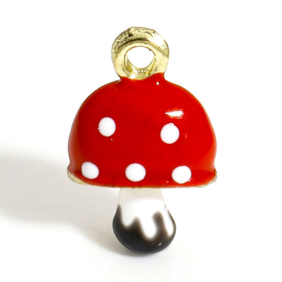 Bild von 2 Stück Zinklegierung 3D Charms Vergoldet Rot Pilz Emaille, 16mm x 10mm