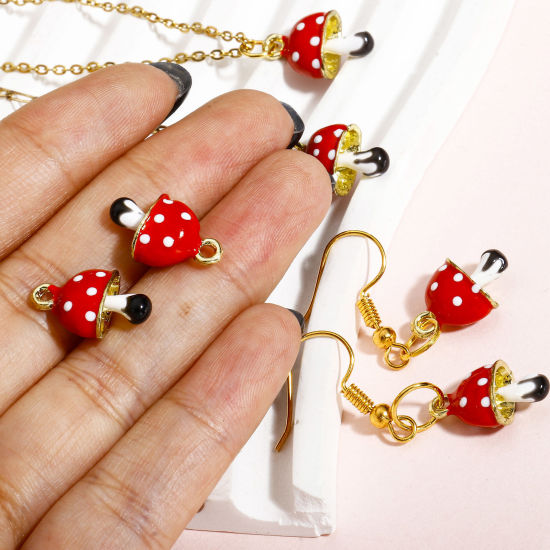 Bild von 2 Stück Zinklegierung 3D Charms Vergoldet Rot Pilz Emaille, 16mm x 10mm