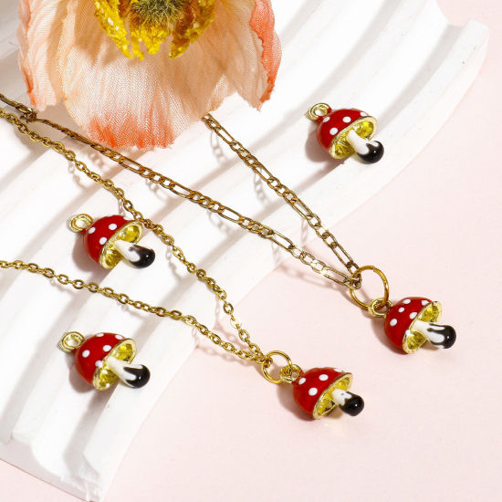 Bild von 2 Stück Zinklegierung 3D Charms Vergoldet Rot Pilz Emaille, 16mm x 10mm