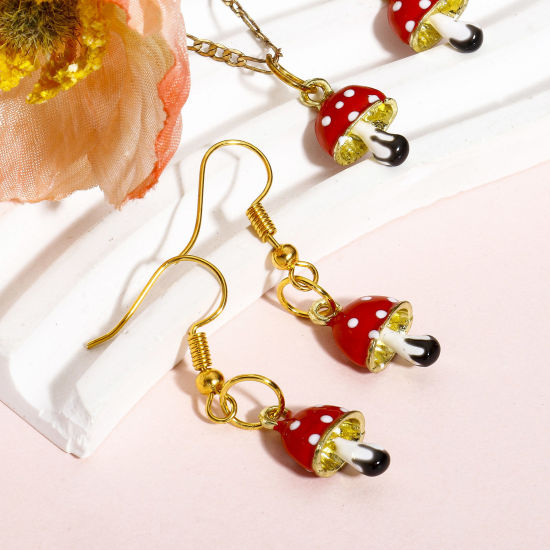 Bild von 2 Stück Zinklegierung 3D Charms Vergoldet Rot Pilz Emaille, 16mm x 10mm
