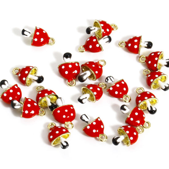 Bild von 2 Stück Zinklegierung 3D Charms Vergoldet Rot Pilz Emaille, 16mm x 10mm