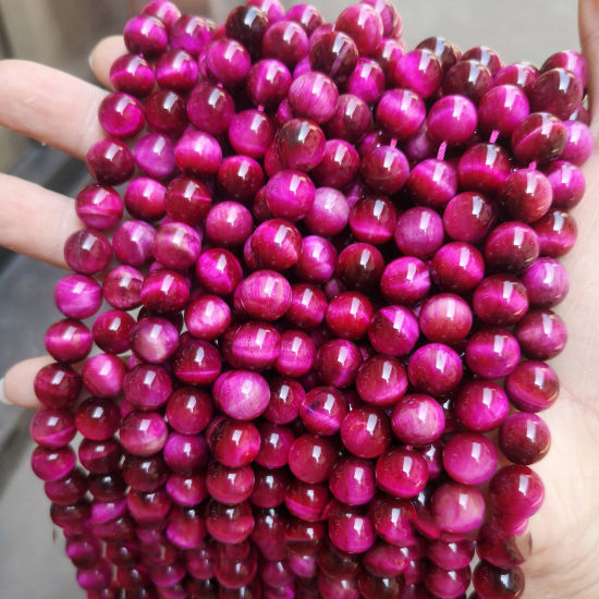 Image de 1 Enfilade (Env. 90 Pcs/Enfilade) (Classement 5A) Perles pour DIY Fabrication de Bijoux en Pierre Oeil de Tigre ( Naturel/Teint) Rond Fuchsia Env. 4mm Dia