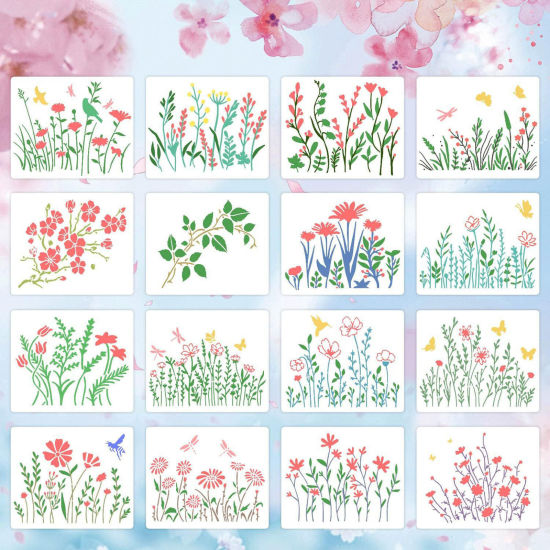 Picture of 1 Set ( 16 PCs/Set)  Plastic DIY Painting Templates Stencils White Flower Grass 15.2cm x 12.7cm