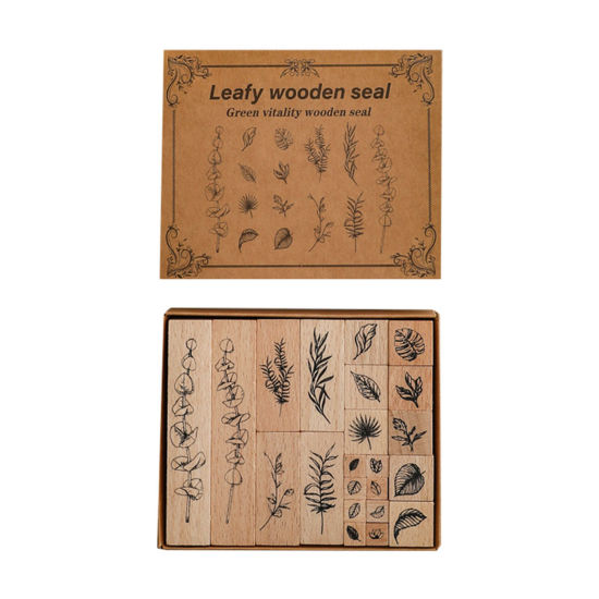 Picture of 1 Set ( 22 PCs/Box) Wood Seal Stamper Rectangle Brown Leaf Pattern 13cm x 11cm