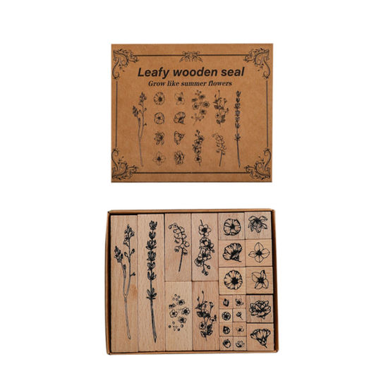 Image de 1 Set ( 22PCs/Set)  Wood Seal Stamper Rectangle Brown Herbs Pattern 13cm x 11cm