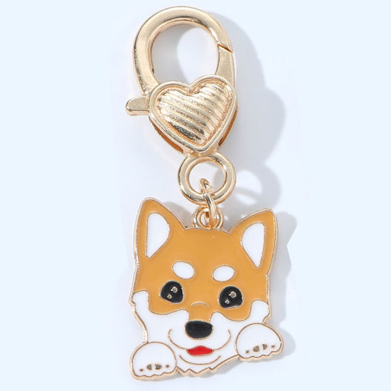 Picture of 1 Piece Cute Keychain & Keyring Gold Plated Orange Corrci Dog Heart Enamel 5cm