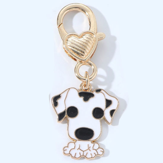 Picture of 1 Piece Cute Keychain & Keyring Gold Plated Black & White Dalmatian Dog Heart Enamel 5cm