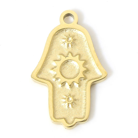 Picture of 1 Piece Eco-friendly PVD Vacuum Plating 304 Stainless Steel Religious Charms 18K Real Gold Plated Hamsa Symbol Hand Sun 15mm x 9.5mm