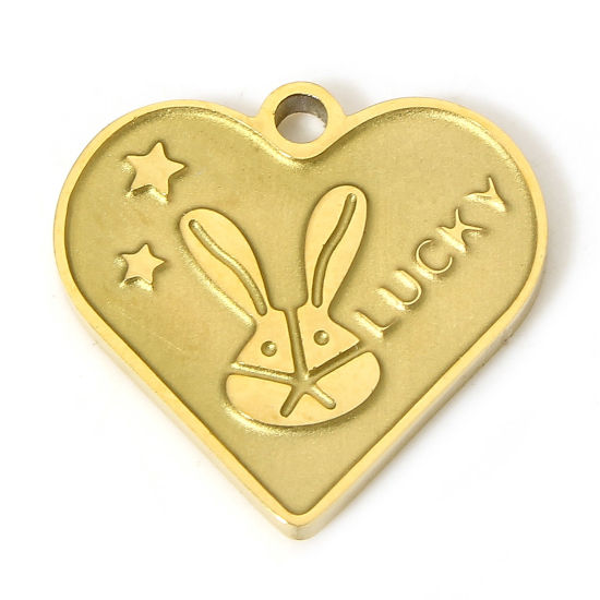 Picture of 1 Piece Eco-friendly PVD Vacuum Plating 304 Stainless Steel Cute Charms 18K Real Gold Plated Heart Rabbit Message " Lucky " 15mm x 14mm