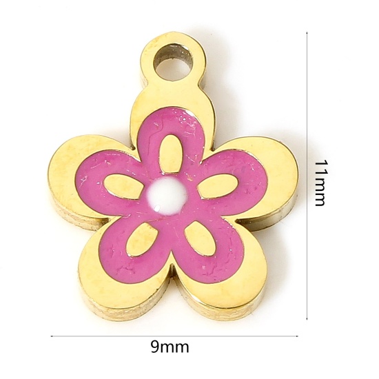 Bild von 1 Stück Umweltfreundliche Vakuumbeschichtung 304 Edelstahl Stilvoll Charms Blumen 18K Echtgold plattiert Lila Emaille 11mm x 9mm