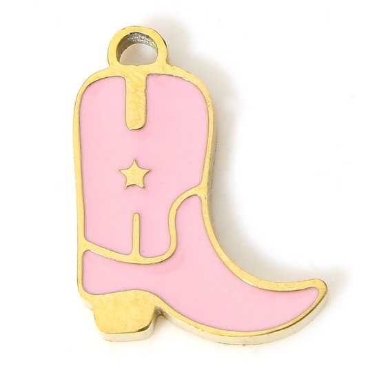 Bild von 1 Stück Umweltfreundliche Vakuumbeschichtung 304 Edelstahl Stilvoll Charms Stiefel 18K Echtgold plattiert Rosa Emaille 12mm x 9.5mm