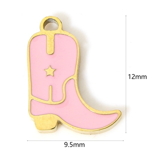 Bild von 1 Stück Umweltfreundliche Vakuumbeschichtung 304 Edelstahl Stilvoll Charms Stiefel 18K Echtgold plattiert Rosa Emaille 12mm x 9.5mm