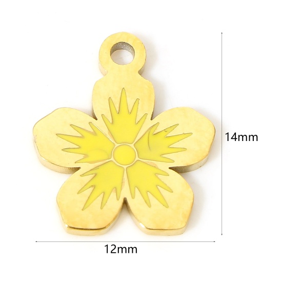 Bild von 1 Stück Umweltfreundliche Vakuumbeschichtung 304 Edelstahl Stilvoll Charms Blumen 18K Echtgold plattiert Gelb Emaille 14mm x 12mm