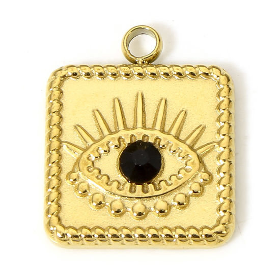Immagine di 1 Pz Placcatura Sottovuoto PVD Ecologica 304 Acciaio Inossidabile Religione Ciondoli Quadrato 18K Vero Oro Placcato Occhi Nero Strass 16mm x 13mm