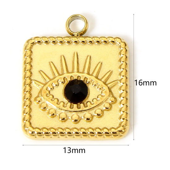Immagine di 1 Pz Placcatura Sottovuoto PVD Ecologica 304 Acciaio Inossidabile Religione Ciondoli Quadrato 18K Vero Oro Placcato Occhi Nero Strass 16mm x 13mm